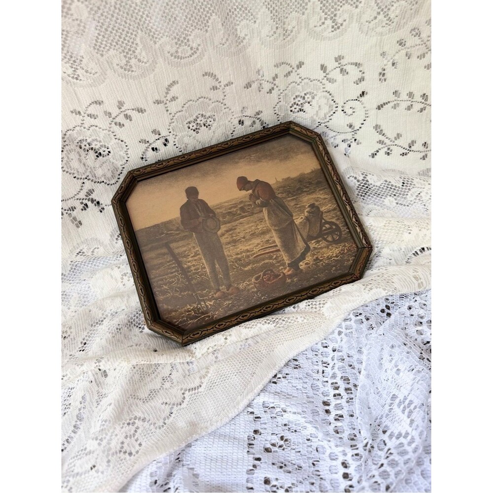 Vintage Framed The Angelus Jean François Millet Print Ornate Wood Frame Cottage